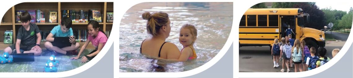 Three pictures in the shape of a leaf. The first is students playing with robots. The second is an adult in the poos with a child. The third is students getting on a school bus.