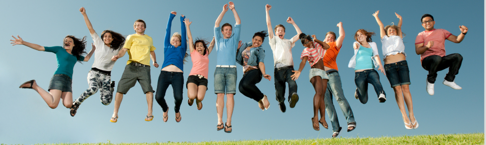 many middle school and high school students jumping in the air