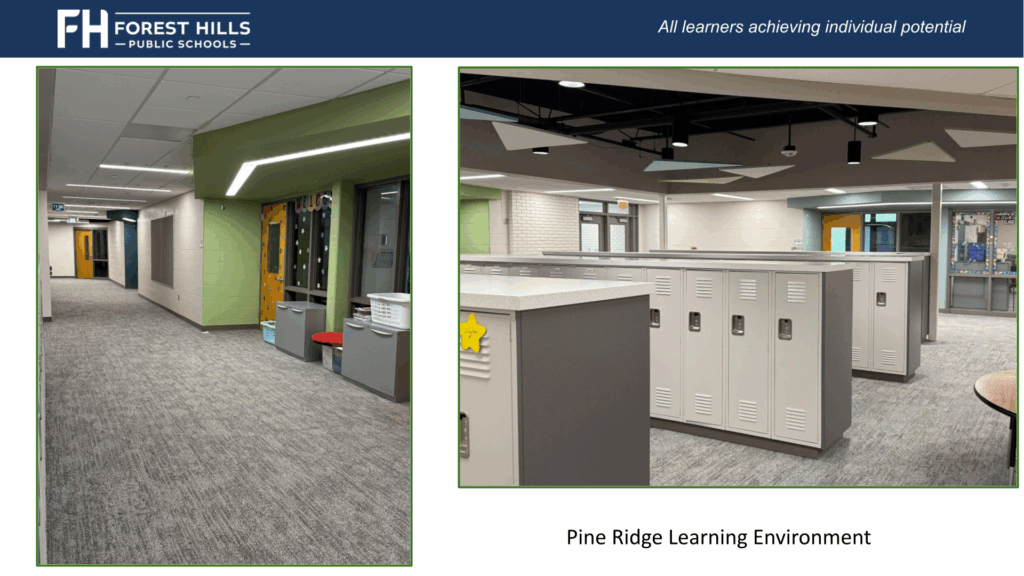 a school hallway with new carpet and paint and new lower lockers