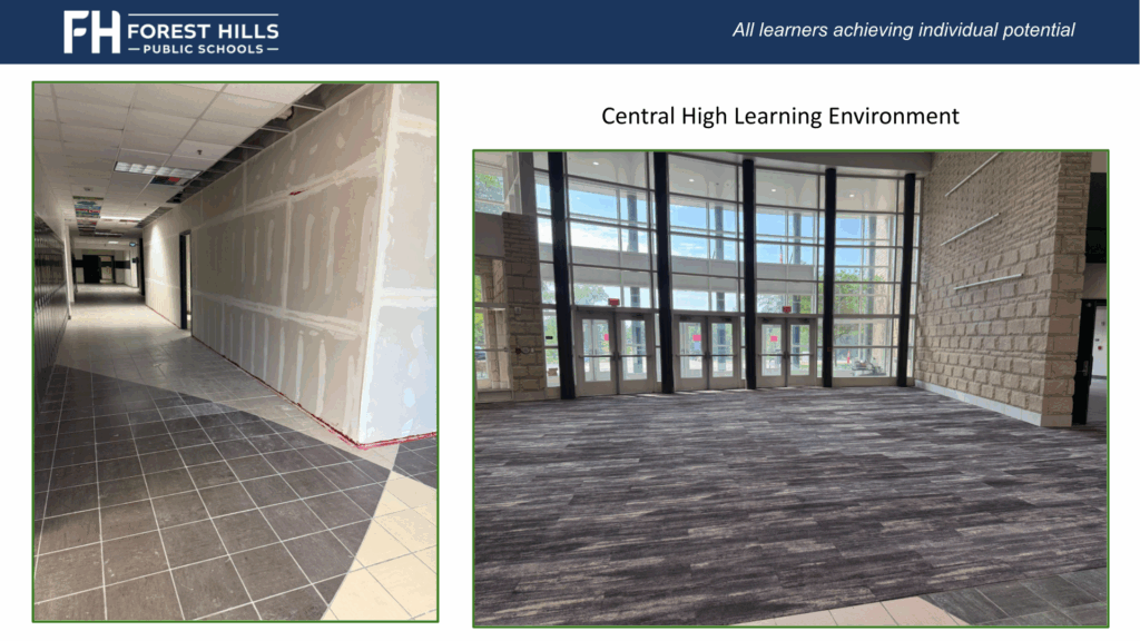 new entry way with new carpet into a high school, and drywall up in a school hallway