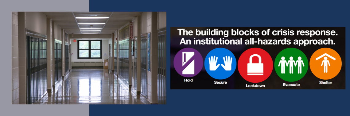 a school hallway and the five action words that coincide with the Standard Response Protocol from the I love You Guys Foundation